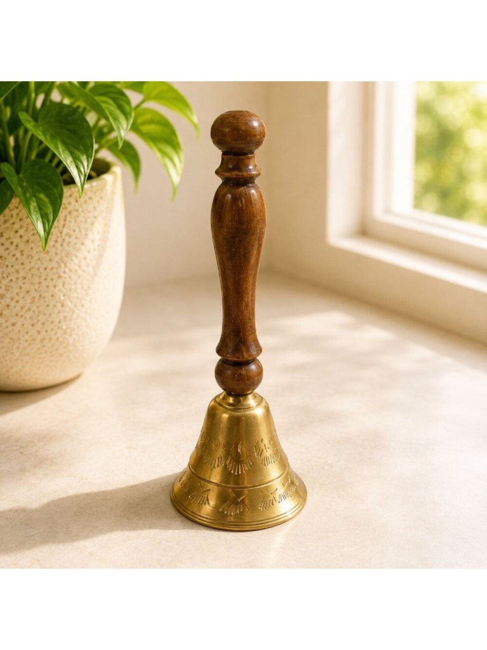 Vintage Brass & Turned Wood Handbell Elegant Etched Cottage Decor Bell